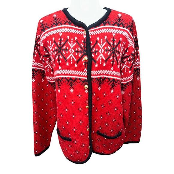 Croft & Barrow Sweaters - Christmas Sweater Cardigan Croft & Barrow Full Button Red Snowflakes Winter L